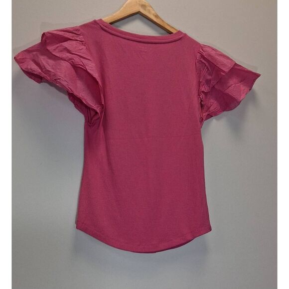 Gap womens medium ruffle flutter pink sleeve ribbed tshirt top - Picture 7 of 9